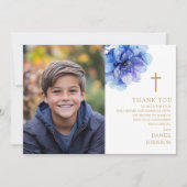 Blauwe Waterverf Bloem Foto Eerste Heilige Communi Bedankkaart (Voorkant)