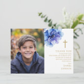 Blauwe Waterverf Bloem Foto Eerste Heilige Communi Bedankkaart (Staand voorkant)