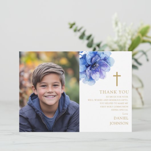 Blauwe Waterverf Bloem Foto Eerste Heilige Communi Bedankkaart (Staand voorkant)