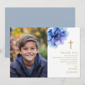 Blauwe Waterverf Bloem Foto Eerste Heilige Communi Bedankkaart (Voorkant / Achterkant)