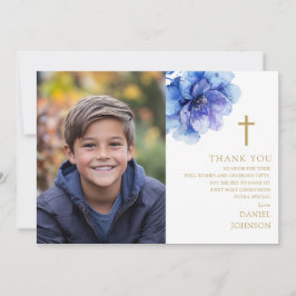 Blauwe Waterverf Bloem Foto Eerste Heilige Communi Bedankkaart