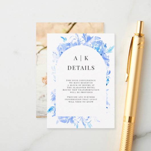 Blauwe Waterverf bloemboog Details Informatiekaartje (Voorkant / Achterkant in situ)