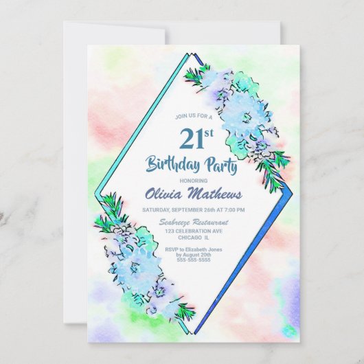 Blauwe Waterverf Bloemen 21e Verjaardag Kaart (Voorkant)