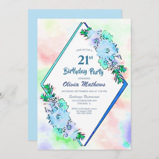 Blauwe Waterverf Bloemen 21e Verjaardag Kaart (Voorkant / Achterkant)