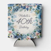 Blauwe Waterverf Bloemen 40ste Verjaardagsfeest Blikjeskoeler (Voorkant)