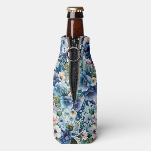 Blauwe Waterverf Bloemen 40ste Verjaardagsfeest Flesjeskoeler (Fles Achterkant)