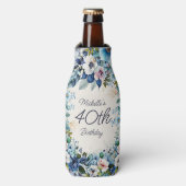 Blauwe Waterverf Bloemen 40ste Verjaardagsfeest Flesjeskoeler (Fles Voorkant)