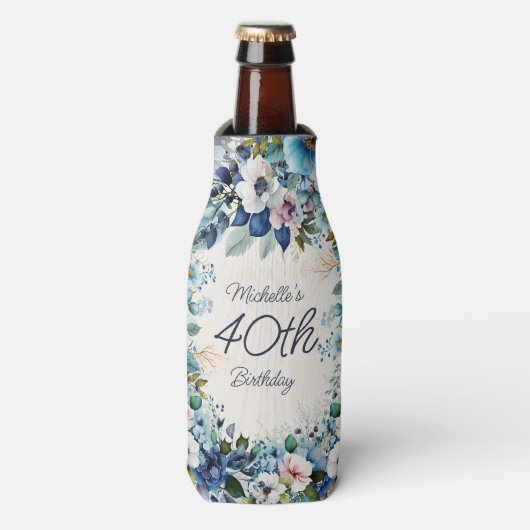 Blauwe Waterverf Bloemen 40ste Verjaardagsfeest Flesjeskoeler (Fles Voorkant)