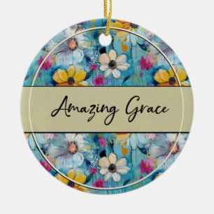 Blauwe Waterverf Bloemen Amazing Grace Keramisch Ornament