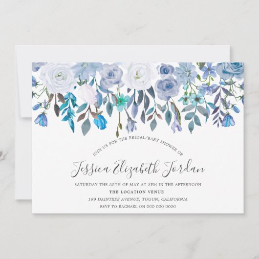 Blauwe Waterverf bloemen Baby of Vrijgezellenfeest Kaart (Voorkant)