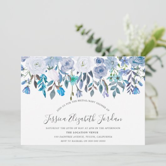 Blauwe Waterverf bloemen Baby of Vrijgezellenfeest Kaart (Staand voorkant)