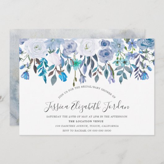 Blauwe Waterverf bloemen Baby of Vrijgezellenfeest Kaart (Voorkant / Achterkant)