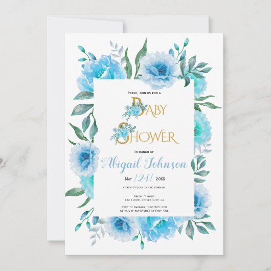 Blauwe waterverf bloemen baby shower voor jongens kaart (Voorkant)