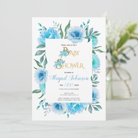 Blauwe waterverf bloemen baby shower voor jongens kaart (Staand voorkant)