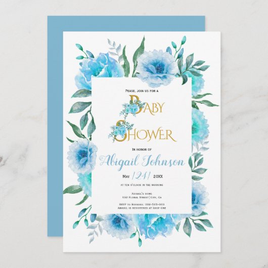 Blauwe waterverf bloemen baby shower voor jongens kaart (Voorkant / Achterkant)
