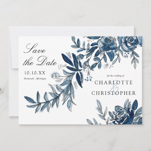 Blauwe waterverf bloemen bewaren de datum kaart (Voorkant)