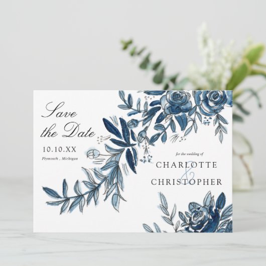 Blauwe waterverf bloemen bewaren de datum kaart (Staand voorkant)