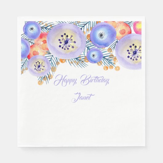Blauwe Waterverf bloemen Birthday Servet (Voorkant)