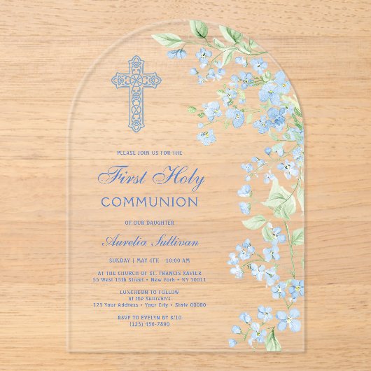 Blauwe Waterverf Bloemen Boog Eerste Communie Acryl Uitnodigingen (Voorkant)