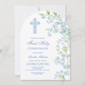 Blauwe Waterverf Bloemen Boog Eerste Communie Kaart (Voorkant)