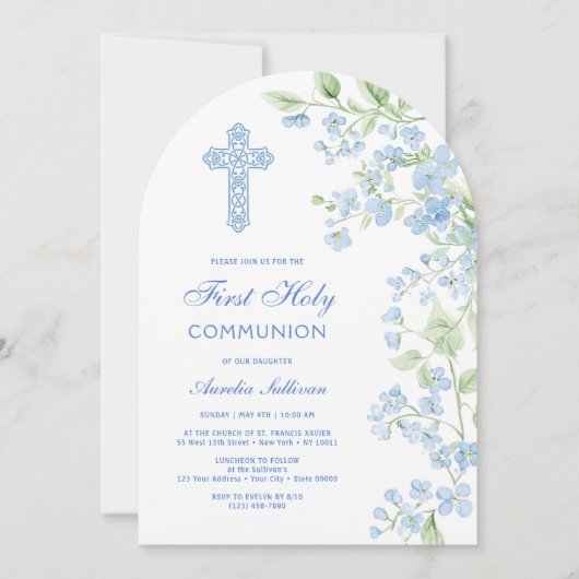 Blauwe Waterverf Bloemen Boog Eerste Communie Kaart (Voorkant)