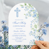Blauwe Waterverf Bloemen Boog Eerste Communie Kaart