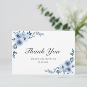blauwe waterverf bloemen bruiloft bedankt (Staand voorkant)