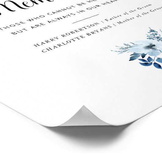 Blauwe waterverf Bloemen Bruiloft Gedenkteken Poster (Hoek)