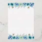 Blauwe waterverf bloemen bruiloft roos gouden foli folie uitnodiging (Achterkant)