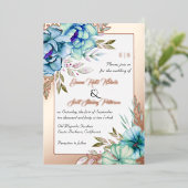 Blauwe waterverf bloemen bruiloft roos gouden foli folie uitnodiging (Staand Voorkant)