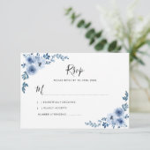 blauwe waterverf bloemen bruiloft RSVP-kaart Bedankkaart (Staand voorkant)