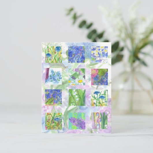 Blauwe Waterverf Bloemen Collage Art Lila Daisy Briefkaart (Staand voorkant)