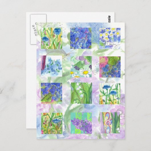 Blauwe Waterverf Bloemen Collage Art Lila Daisy Briefkaart (Voorkant / Achterkant)