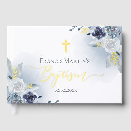 Blauwe waterverf Bloemen Doop Gastenboek