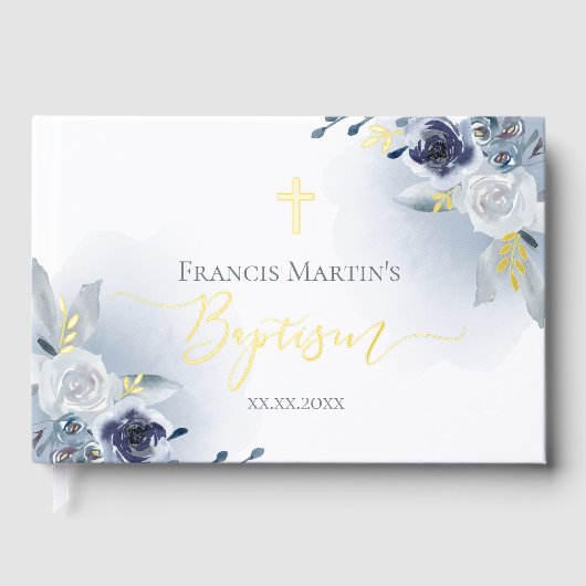 Blauwe waterverf Bloemen Doop Gastenboek (Voorkant)