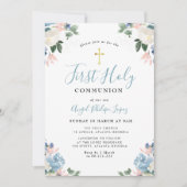 Blauwe waterverf Bloemen Eerste Heilige Communie Kaart (Voorkant)