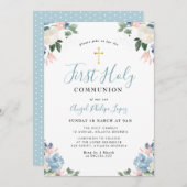 Blauwe waterverf Bloemen Eerste Heilige Communie Kaart (Voorkant / Achterkant)