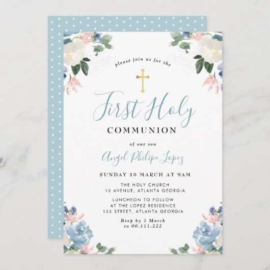 Blauwe waterverf Bloemen Eerste Heilige Communie Kaart (Voorkant / Achterkant)