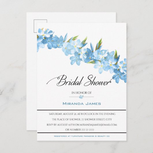 Blauwe Waterverf bloemen Elegant Vrijgezellenfeest Uitnodiging Briefkaart (Voorkant / Achterkant)