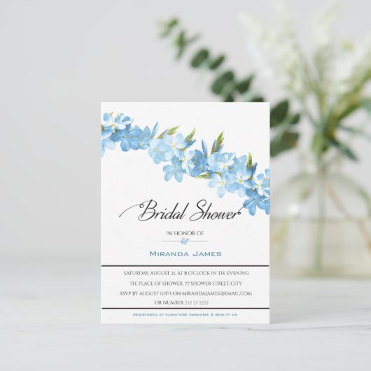 Blauwe Waterverf bloemen Elegant Vrijgezellenfeest Uitnodiging Briefkaart (Staand voorkant)