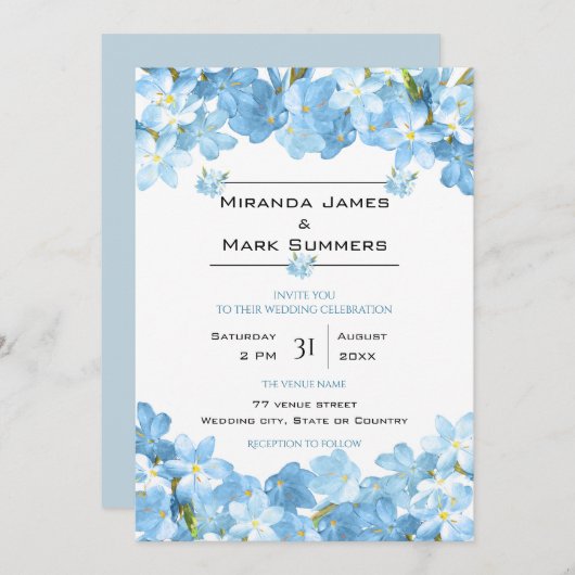 Blauwe Waterverf bloemen Elegant Wedding Kaart (Voorkant / Achterkant)