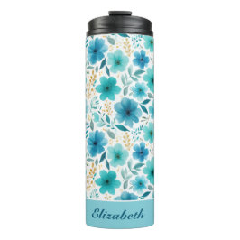 Blauwe Waterverf Bloemen Elegante Custom Name Flor Thermosbeker
