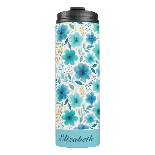 Blauwe Waterverf Bloemen Elegante Custom Name Flor Thermosbeker (Voorkant)
