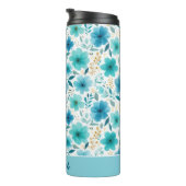 Blauwe Waterverf Bloemen Elegante Custom Name Flor Thermosbeker (Geroteerd rechts)