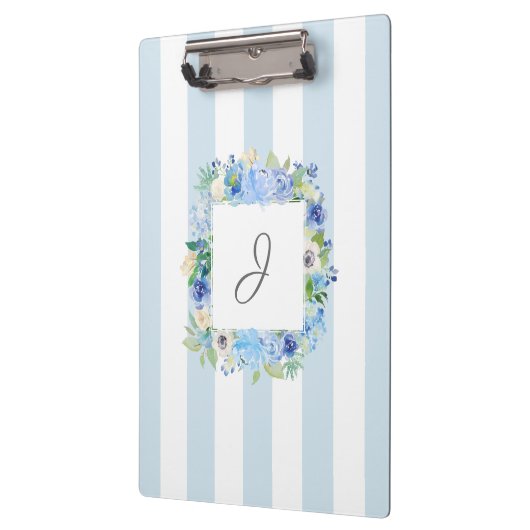 Blauwe Waterverf Bloemen en strepen met Monogram Klembord (Links)