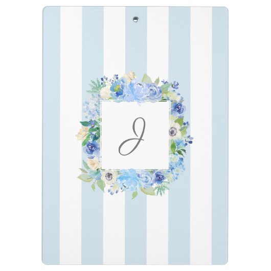 Blauwe Waterverf Bloemen en strepen met Monogram Klembord (Achterkant)