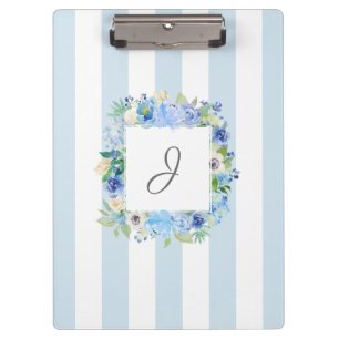 Blauwe Waterverf Bloemen en strepen met Monogram Klembord
