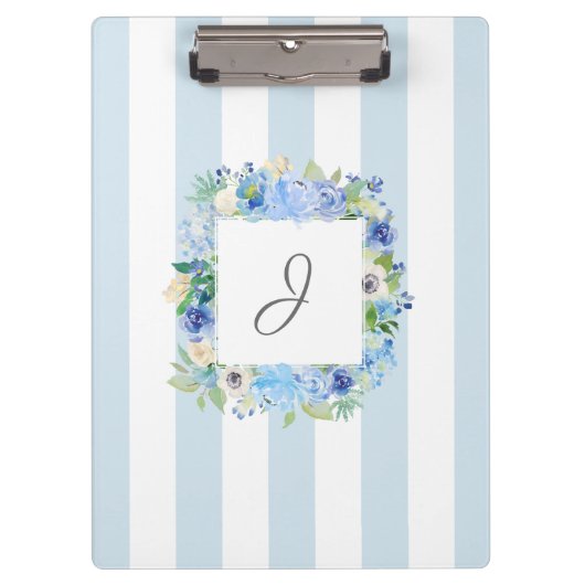 Blauwe Waterverf Bloemen en strepen met Monogram Klembord (Voorkant)