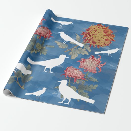 Blauwe Waterverf  bloemen en vogels Cadeaupapier (Uitgerold)