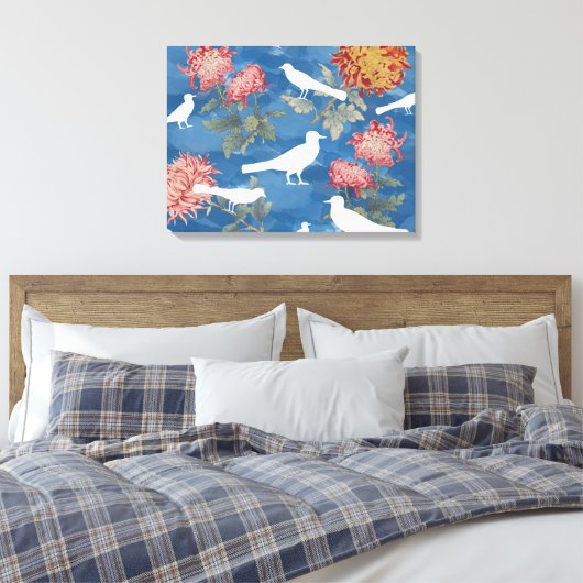 Blauwe Waterverf  bloemen en vogels Canvas Afdruk (Insitu (Slaapkamer))